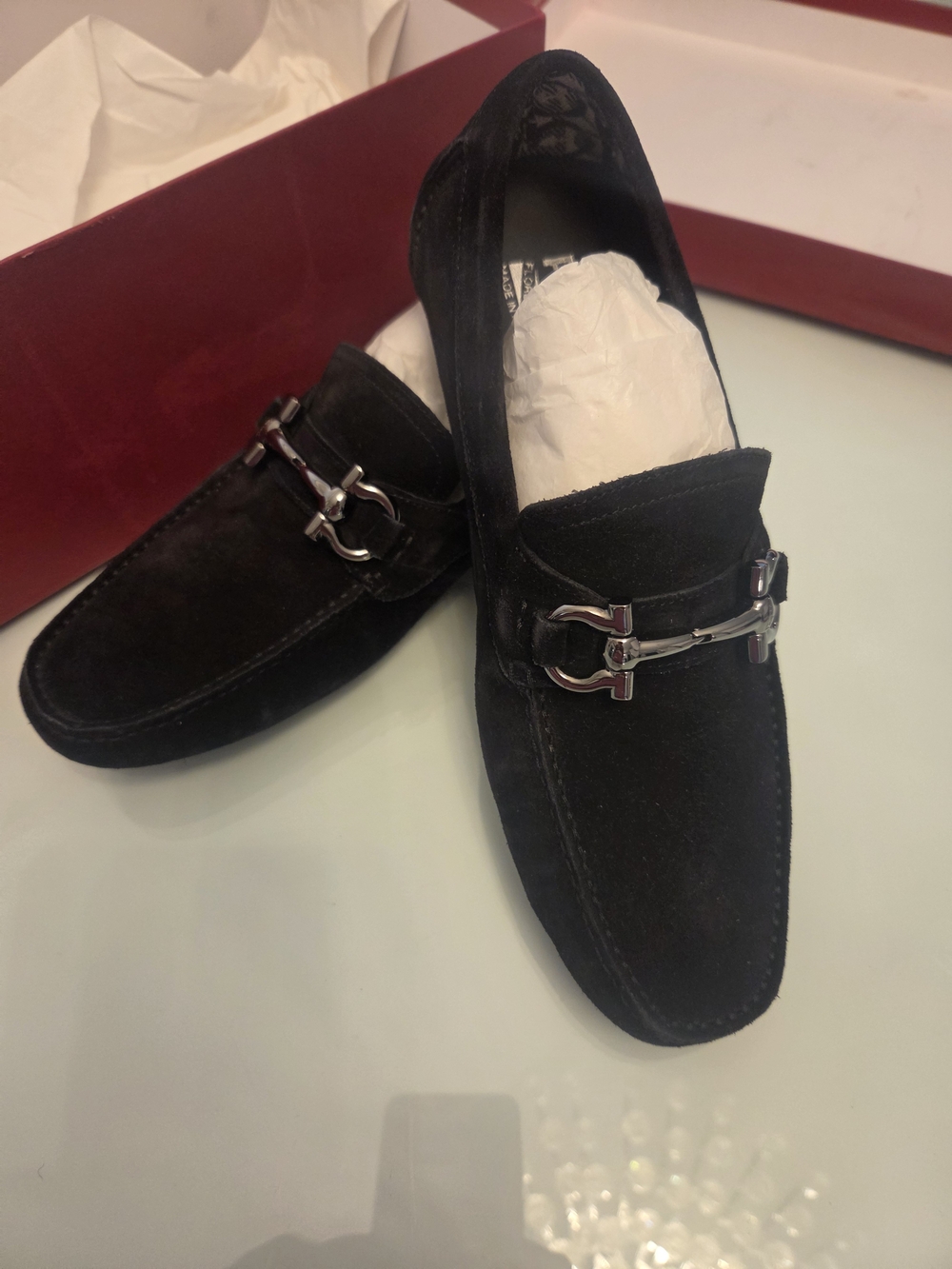 Salvador ferragamo Men's Black Suede Slip-On Loafers Silver Bit Accent